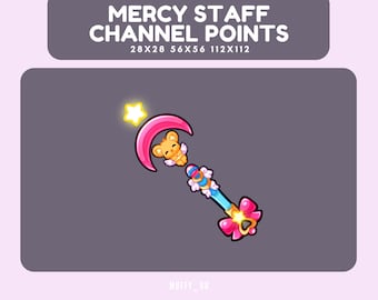 May include: A cartoon illustration of a staff with a pink crescent moon, a yellow star, and a cute bear character. The staff has a blue handle and a pink bow. Text at the top reads "MERCY STAFF CHANNEL POINTS".