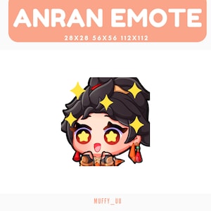 Puede incluir: Ilustración de un personaje de estilo anime con cabello oscuro y ojos en forma de estrella. El personaje tiene una expresión de sorpresa y está rodeado de estrellas amarillas. El texto "ANRAN EMOTE" está en la parte superior.