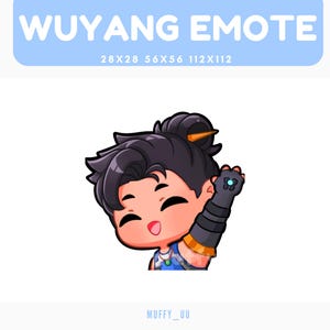 May include: A digital illustration of a character with black hair in a bun, wearing a blue and gold outfit, and a black and gray gauntlet. The character is smiling and waving. The text "WUYANG EMOTE" is at the top.
