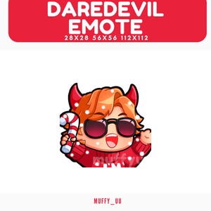 Peut inclure: Illustration numérique d'un personnage de dessin animé avec des cornes de diable rouges, des lunettes de soleil et un pull rouge, tenant un sucre d'orge. L'image contient le texte "DAREDEVIL EMOTE" en haut.