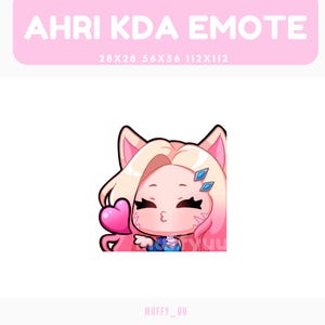 May include: A digital emote featuring a stylized character with light pink hair, cat ears, and blue hair accessories. The character is blowing a kiss with a pink heart icon nearby. Text at the top reads AHRI KDA EMOTE 28X28 56X56 112X112.