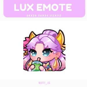 May include: A digital illustration of a cute anime-style character with lavender hair, gold accents, and large blue eyes. The character is drinking from a green beverage. The text "LUX EMOTE" is at the top.