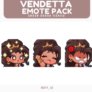 Puede incluir: Gráfico de Vendetta Emote Pack con tres imágenes de dibujos animados de una mujer con piel morena y cabello oscuro. Cada imagen muestra una expresión diferente: sorprendida, feliz y enfadada. El texto "Vendetta Emote Pack" está en la parte superior.