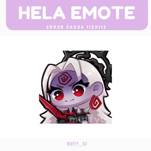 Peut inclure: Illustration numérique d'un personnage nommé Hela, conçu comme une émoticône. Le personnage a la peau pâle, les cheveux blancs et les yeux rouges. Elle tient une dague rouge et porte un serre-tête et des boucles d'oreilles noirs. Le texte "HELA EMOTE" est en haut.