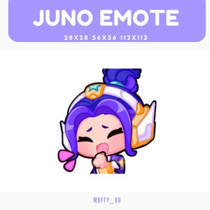 Puede incluir: Ilustración digital de un personaje con cabello morado y auriculares, expresando una emoción de sorpresa o conmoción. La imagen incluye el texto "JUNO EMOTE" en una pancarta morada, junto con las especificaciones de tamaño. El nombre del artista, "MUFFY_UU", está en la parte inferior.