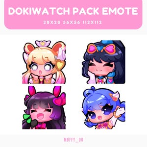 Puede incluir: Cuatro emoticonos de personajes animados con diferentes expresiones. Los personajes son todos mujeres con ojos grandes y cabello de colores. Los emoticonos están en un formato de cuadrícula con el texto "DOKIWATCH PACK EMOTE 28X28 56X56 112X112" en la parte superior.