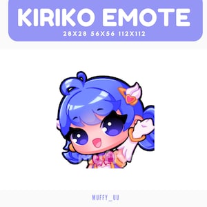 以下が含まれることがあります： 青い髪、大きな目、陽気な表情の漫画のキャラクターが特徴の、Kiriko Emoteのデジタルイラスト。 このエモートはオンラインでの使用向けに設計されており、サイズは28x28、56x56、112x112ピクセルです。 テキスト「KIRIKO EMOTE」が上に表示されています。
