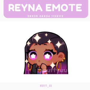 May include: A digital illustration of a character named Reyna, with dark skin, purple hair, and star-shaped highlights. The character has large, sparkling eyes and is wearing gold hoop earrings. The image includes the text "Reyna Emote" and dimensions.