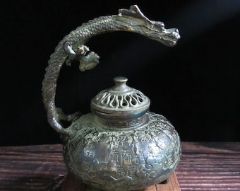 Tibetan Nepal vintage antique bronze dragon handle incense burner copper censer ash catcher backflow old item collection zen yoga meditation
