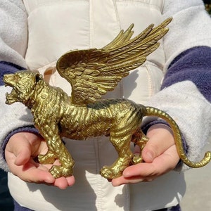 Brass Big Cat Sculpture Home Decor Ornament,Mythological Copper Winged Tiger Figurine statue,Golden Dragon hand painted tabletop Office Z045