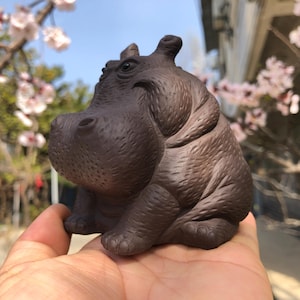 Feng shui living room Ornaments, Yixing Zisha Carved Hippo ornaments Hippopotamus Clay pottery Animal Figurine Animal Africa Wildlife K90122