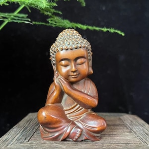 Wood carving sculpture Resting Buddha Buddhist Monk statue State Feng Shui Good Luck Wooden Carved Buddhist figure, Buddha Ornaments P011