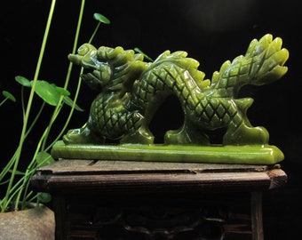 4.5" Exquisite Green Jade Crsytal Dragon Art Satatue Green loong, Natural Jadeite Stone dragon Sculpture Carving beast Quartz Minerals V014