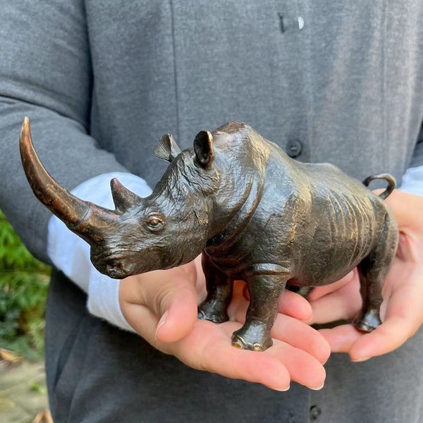 Handmade Bronze Rhinoceros Figurine, Copper Brass Rhino Animal Statue Collectible Figurine Home Office Decor Rhino Sculpture Wildlife Gift