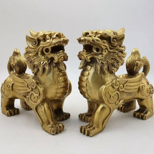 Feng shui living room Ornaments, Pair Wealth Pixiu Statue, Kirin Pi Yao, Winged kylin, Bronze unicorn Figurine Foo-Dogs Lion Temple Guardian
