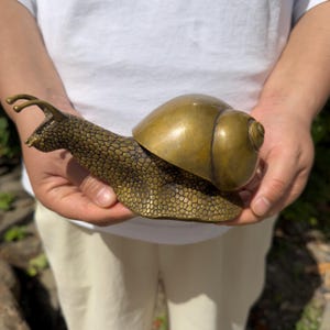 May include: A brass snail figurine featuring a textured, pebbled body and a smooth, polished shell. The snail has two prominent eye stalks extending from its head, with the overall metallic surface showing a warm, golden-brown patina finish.