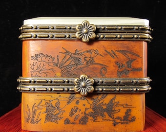 Caja de joyería antigua fina de colección clásica china, caja de almacenamiento hecha de hueso de buey y jade Vintage