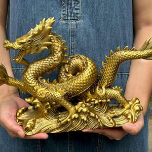 Brass Vintage dragon figurine statue fengshui ornament Chinese Feng Shui Lucky Loong Figurine for Luck Success Zodiac Crystal Healing Dragon