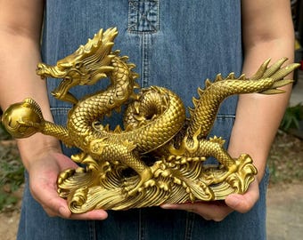 Brass Chinese Dragon Statue: Fengshui Lucky Figurine