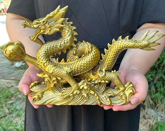 Vintage Brass Dragon Figurine, Feng Shui Lucky Loong Ornament