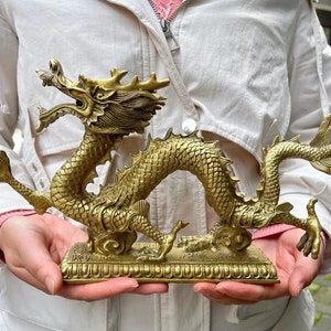 Wealth Brass dragon figurine statue fengshui ornament Lifelike Feng Shui Lucky Loong Figurine for Luck Success Zodiac Crystal Healing Dragon