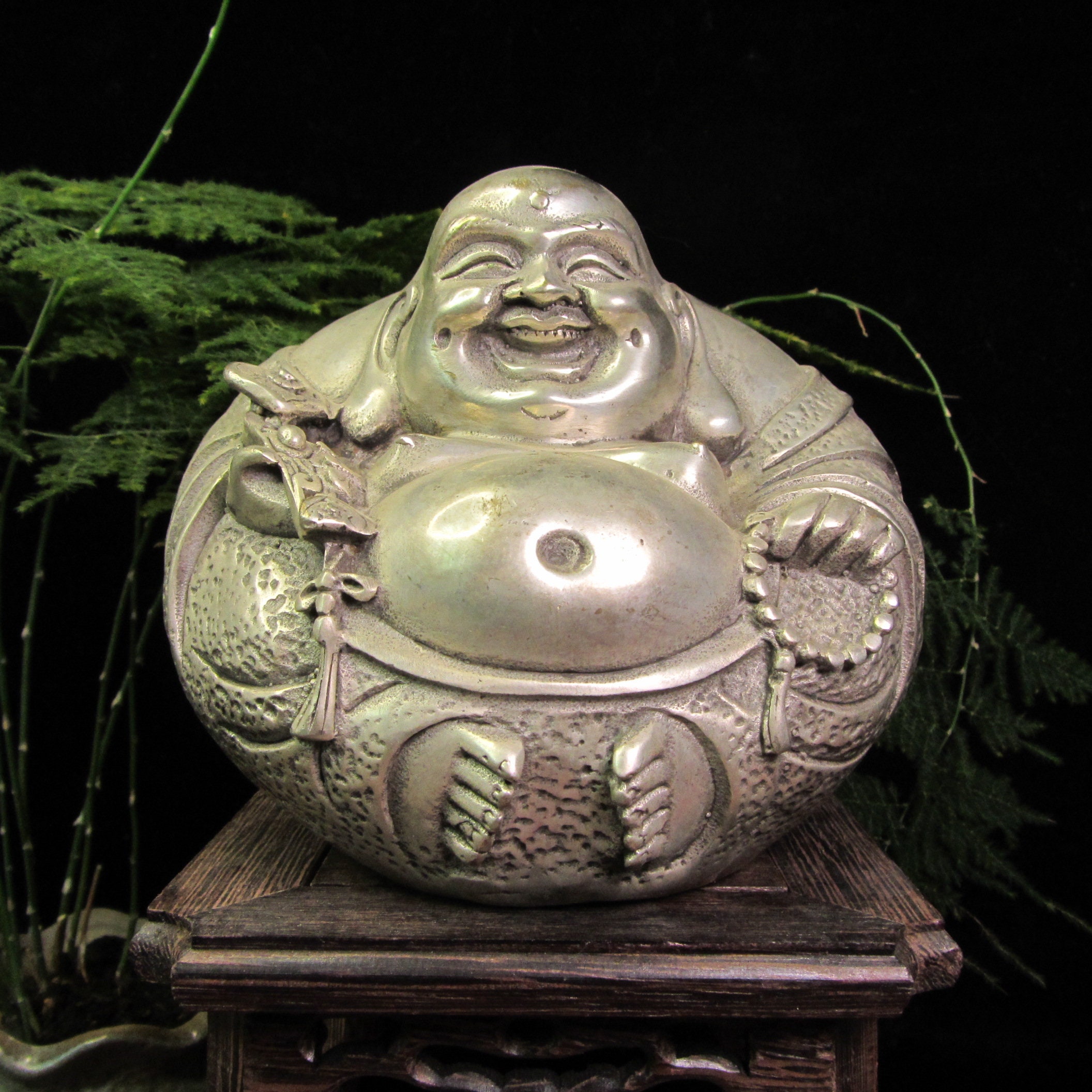 白銅製 幸せに笑う弥勒仏 富の像 丸型 笑う 微笑む仏像 仏教 幸福 富の