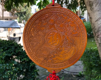 Bendiciones de Feng Shui: dragón y fénix de madera de durazno, protección contra energía negativa pasiva, aleja los malos espíritus, adornos para inauguración de la casa.