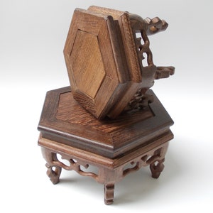 Handmade hexagonal solid wood carved base, vase teapot wooden stand display stand shelf carving antique vase display stand table decor CJ104