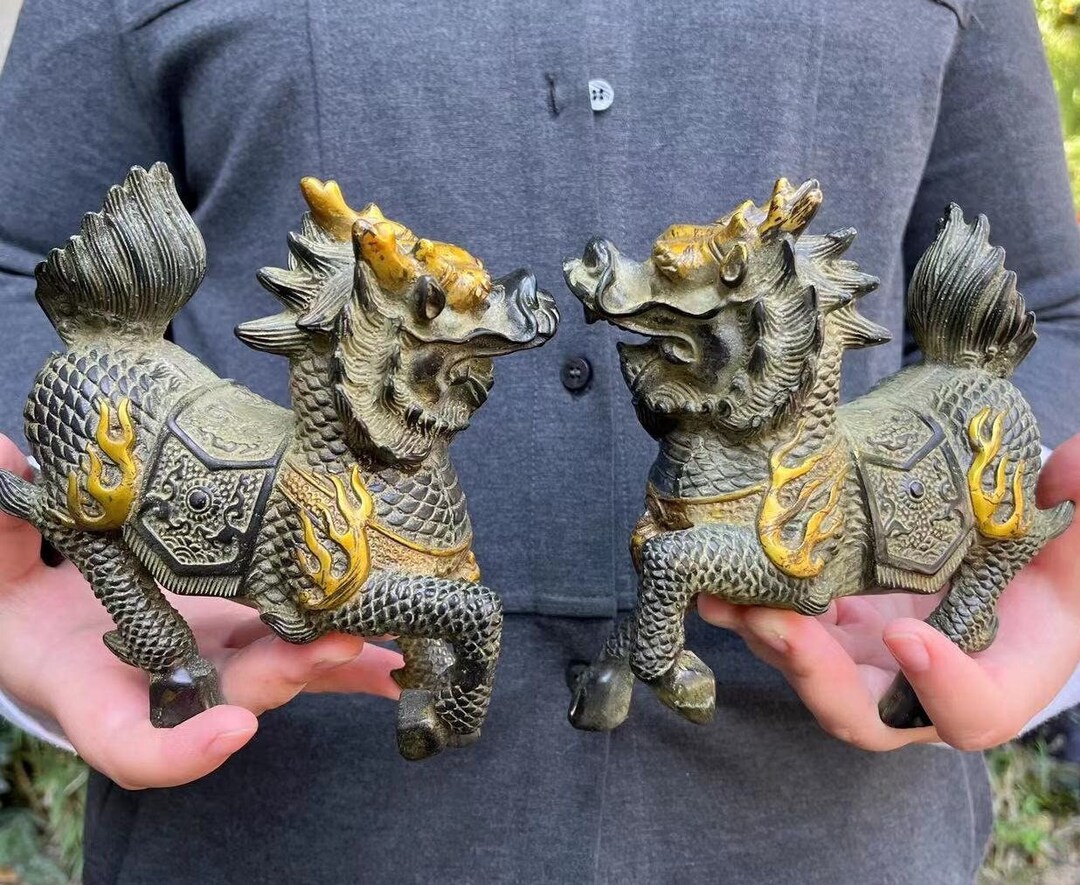 A Pair Wealth Qilin Statue Feng Shui Decor Kirin Pi Yao,copper Kylin ...