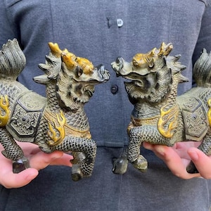 A Pair Wealth QiLin Statue Feng Shui Decor Kirin Pi Yao,Copper kylin , Bronze unicorn Figurine, Foo-Dogs Lion Temple Guardian,Fengshui Decor