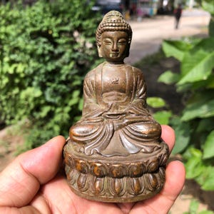 Può includere: Una statua di Buddha color bronzo in posizione di meditazione seduta. La statua presenta dettagli intricati, tra cui una base a fiore di loto e un simbolo sul petto. La figura ha un'espressione serena ed è ambientata su uno sfondo verde sfocato.