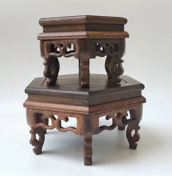 Rosewood Vase Stand, Hexagon Wood Display, Feng Shui Decor, (Set of 2)