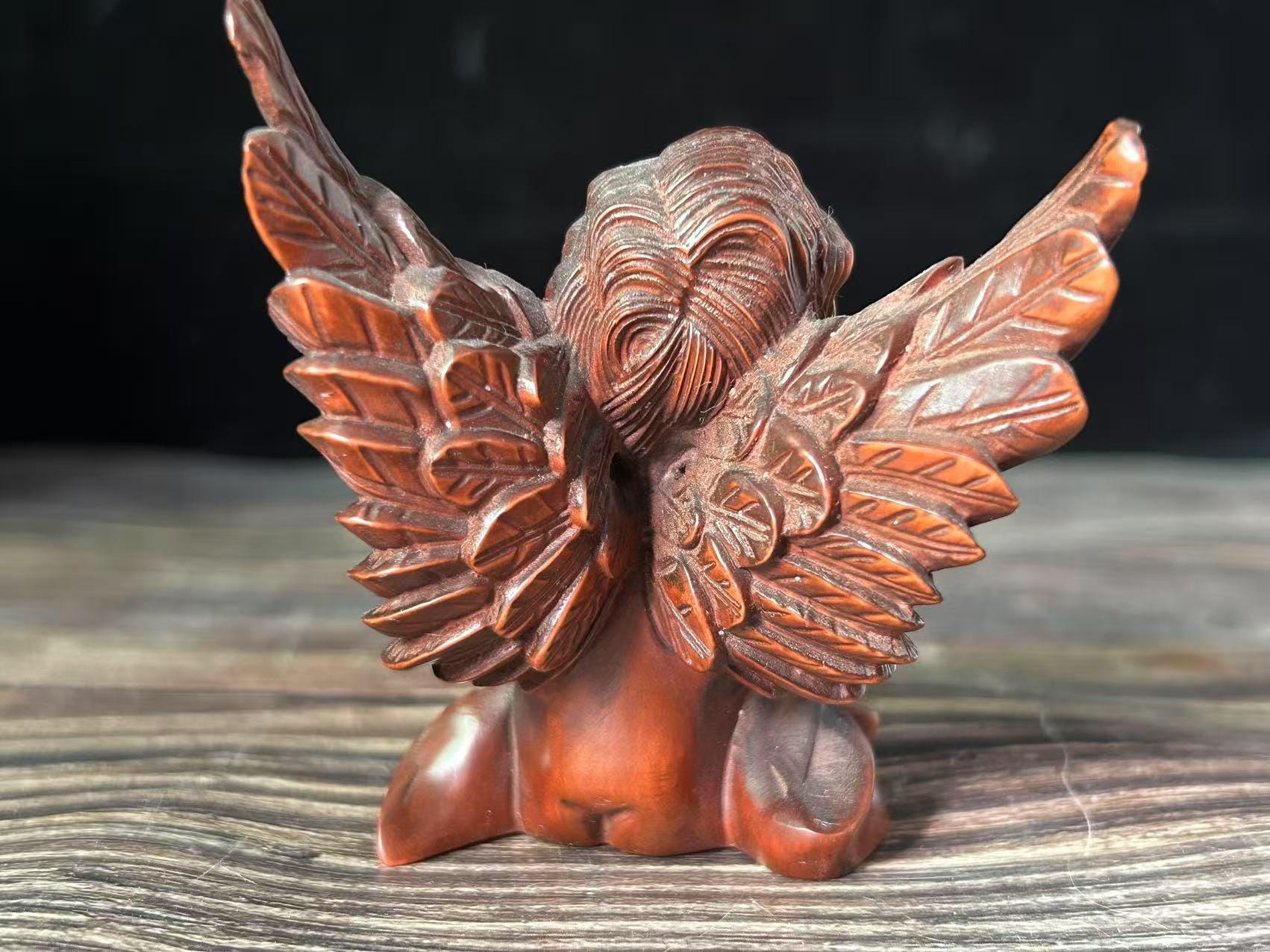 Vintage Hand Carved Boxwood Angel Figurine, Antique Cherub