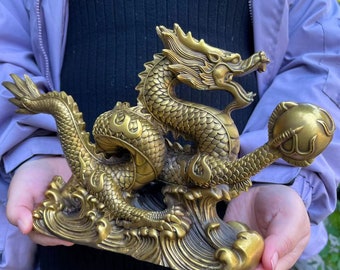 Statua di figurine di drago vintage in ottone, ornamento fengshui, statuetta cinese Feng Shui, fortunato Loong, per fortuna, successo, zodiaco, cristallo, guarigione, drago