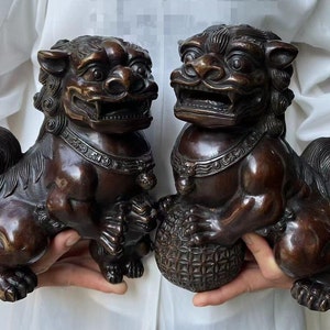 Huge Rare A Pair Powerful Copper Lion Statue,Retro Copper Big Cat Guardian Lion Statue,Copper Foo-Dogs Temple Patron Saint, Feng Shui Wealth