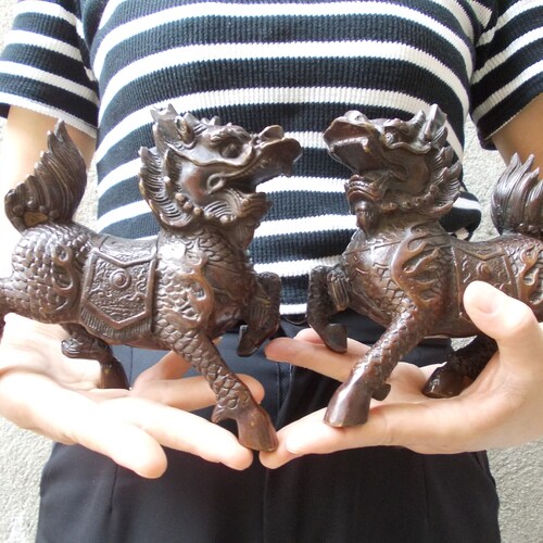 Shops A Pairs kylin Statue,copper gild carved home fengshui Wealth Auspicious beast dragon figurine mythical animal