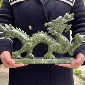 Large Natural Carved Green Jade Dragon Fengshui Figure Statue Sculpture, Large Hand Carved Jadeite Sculpted Dragon Dragons Loong Statue gift