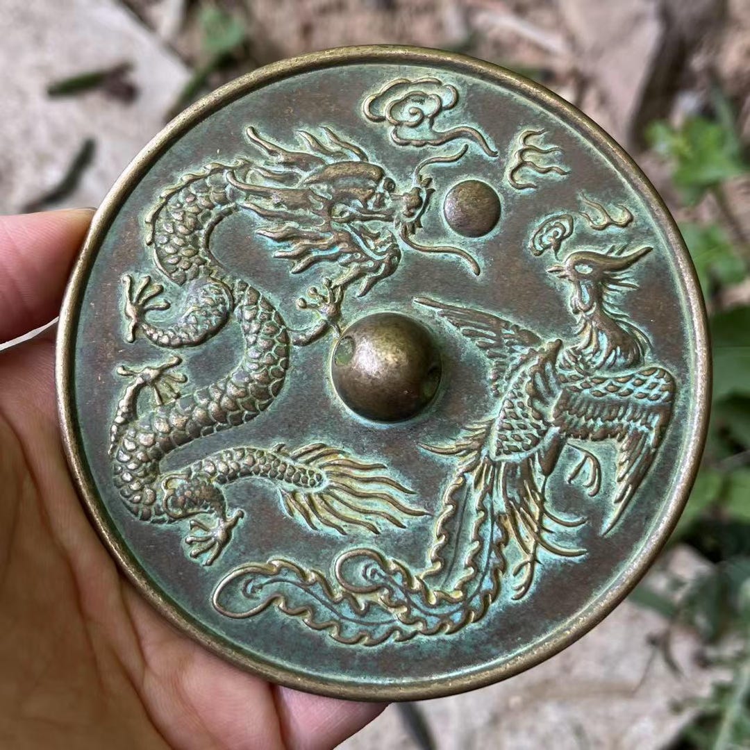 古銅 鳳凰三足香炉 花入セット Bronze Phoenix Vintage Chinese Old Fengshui Bronze Mirror, Auspicious Bronze Mirror