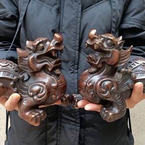 A Pair Wealth Pixiu Statue Feng Shui Decor Kirin Pi Yao, Copper kylin ,Bronze unicorn Figurine, Foo-Dogs Lion Temple Guardian,Fengshui Decor