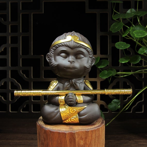 Hand Carved Ceramic Monkey King Figurine - Glazed Pottery Teapet