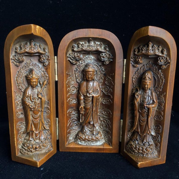 Antique Handmade vintage boxwood carved  3Panels Three saints Bodhisattva Buddha guanyin kuanyin Buddhist praying shrine altar Tibetan niche