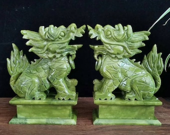 7" Natural Green Jade Qilin Statue Pair, Fengshui God Beast lion Sculpture Foo-dog lion table Matched pair(2pics) Carving Bixie evil spirits