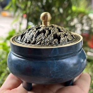 Fine Brass Three legs lucky Relief blue incense burner ash catcher censer holder meditation tea ceremony,Cone Coil Ash Catcher Indoor Statue