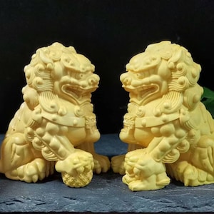 Feng Shui Wohnzimmer Ornamente, Ein Paar Holz Buchsbaum Foo-Dog Lion Statuen Figur, hölzernen chinesischen Wächter Löwen, Fu Hund, günstiger Löwe