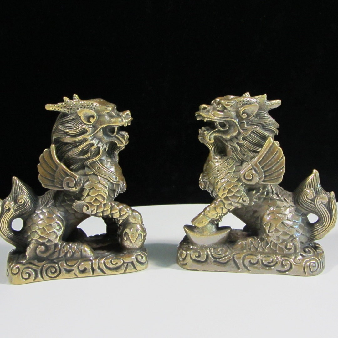Vf0261 Vintage Bronze Feng Shui Chi Lin Qilin Kei Loongs Dragon Beast ...