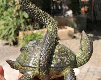 Old Copper  Feng Shui BlackTurtle Divine Beast Lucky Sculpture Tank decor Tea Pet Figurine Animal tortoise longevity turtle and snake statue