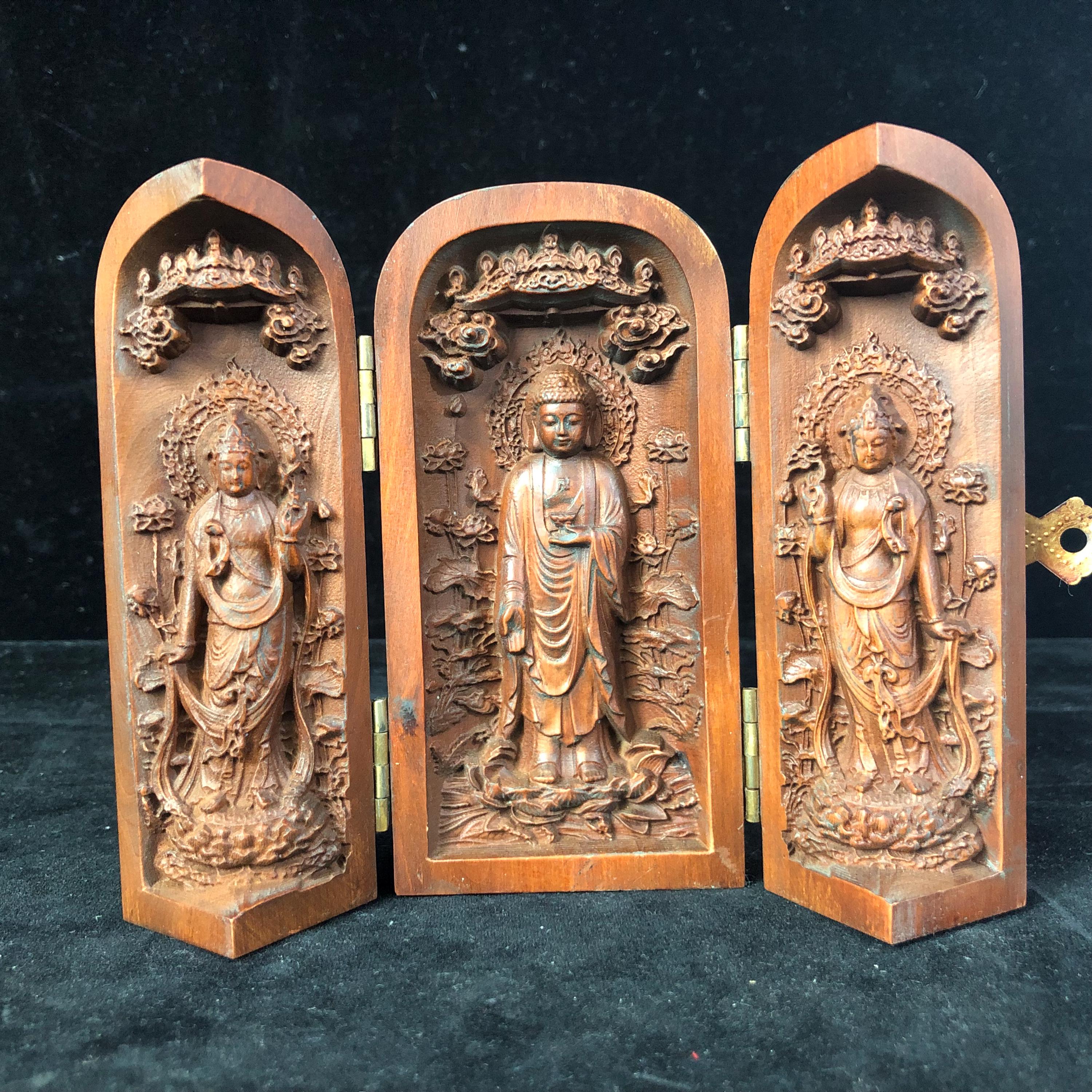 Antiqued Boxwood Carved 3 Panels Three Saints Bodhisattva Buddha