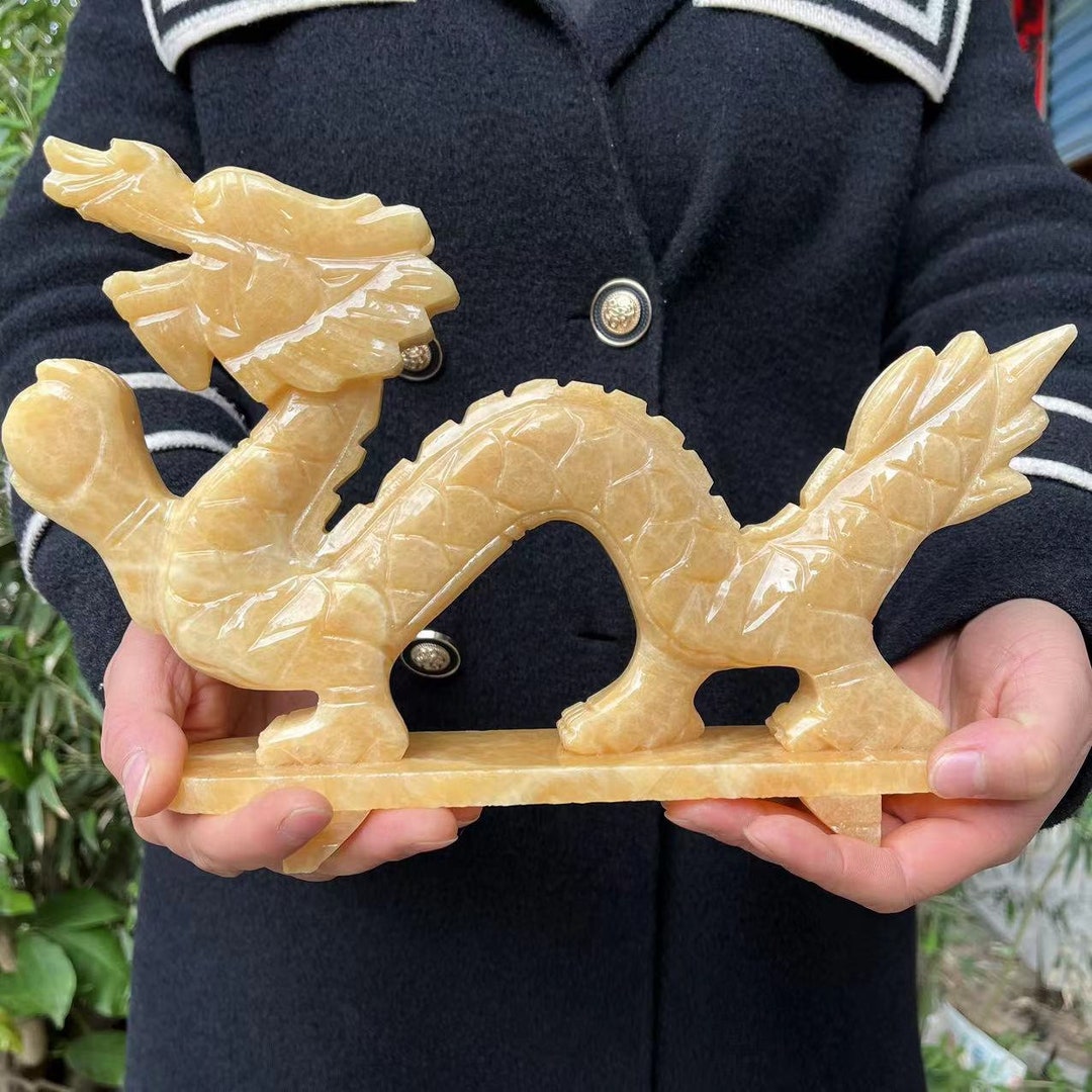 Natural Yellow Jade Dragon Sculpture Carving, Crystal Loong Statue