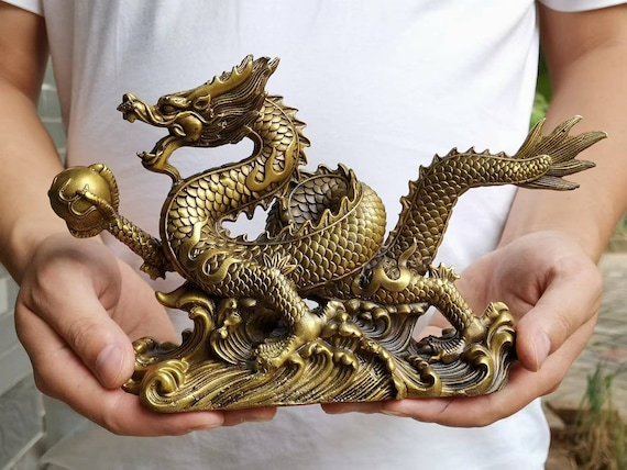 Vintage Brass Dragon Figurine Statue Fengshui Ornament Chinese