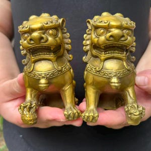 Pair of Copper Fu Dogs Guardian Lion Statues,Brass Copper Lions Feng Shui Decor for Home Wealth Buddhist Guardian Lion Foo Copper gift PW040